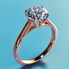 Elegant diamond solitaire engagement ring glowing on soft blue background
