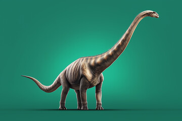 Realistic Brachiosaurus dinosaur standing on vibrant green background display
