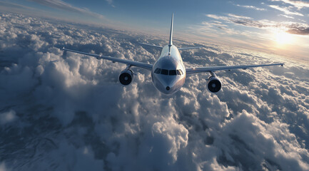 Passenger airplane soaring above clouds during golden hour sunset flight
