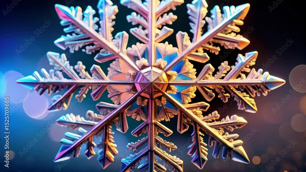 Poster detailed illustration of a complex snowflake design with fractal edges set against a blurred backgro