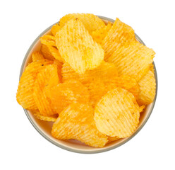 Tasty ridged chips in bowl isolated on white, top view
