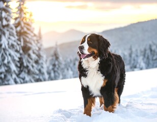 Dog in snowy mountains at sunset