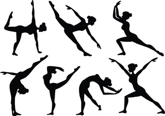Silhouettes of women in various yoga and gymnastics poses
