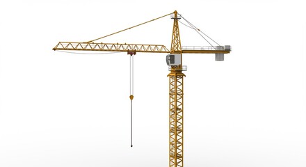 Yellow construction crane stands tall against bright white background. AI Generated