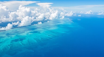 Naklejka premium Aerial view vibrant turquoise ocean shallows bright sunlight puffy clouds. AI Generated