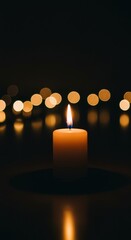 A Single Candle Flame Illuminates the Darkness, a Peaceful and Serene Nighttime Scene with Warm Golden Lights in the Background