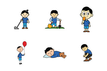 Cartoon set of a cute boy in daily activities showing play and learning vector illustration.