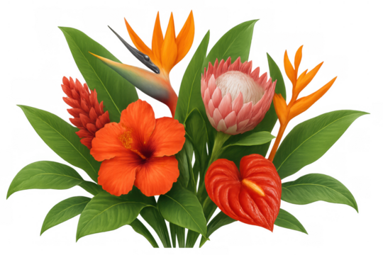 Vibrant tropical floral bouquet displaying hibiscus, bird of paradise, protea, anthurium, and ginger blooming against transparent backdrop