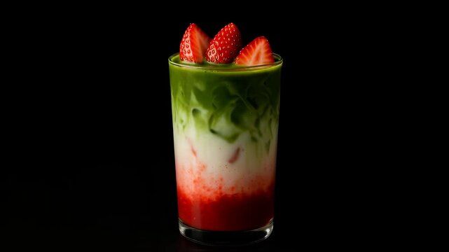 Strawberry matcha latte in black background for advertisement