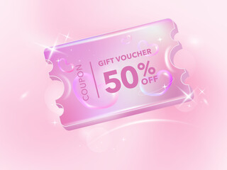 Holographic gradient chrome color a coupon tag label. 50 percent discount offer tag with shiny, glossy, reflective surface. Sale price promo sign. Special offer symbol.
