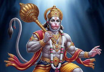 Vibrant Illustration of Lord Hanuman Holding Gada &ndash; Divine Strength and Devotion, Lord Hanuman wielding his iconic Gada (mace), symbolizing divine strength, courage, and unwavering devotion.