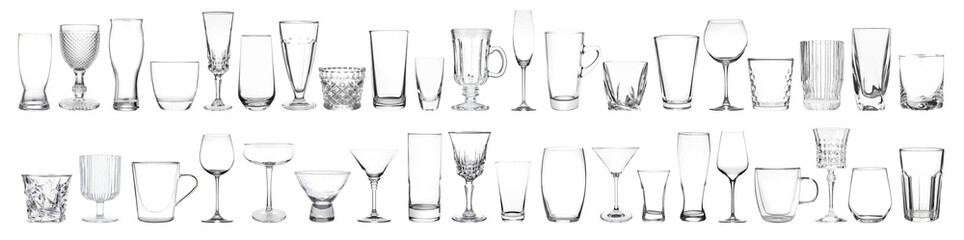 Different empty clean glassware on white background, collage