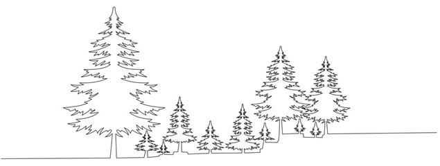 Pine fir trees in a forest. Continuous one line drawing