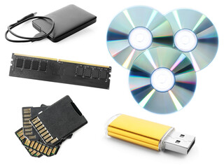 Different modern memory drives isolated on white, collage