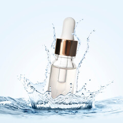 Bottle of moisturizing serum falling into water on light background