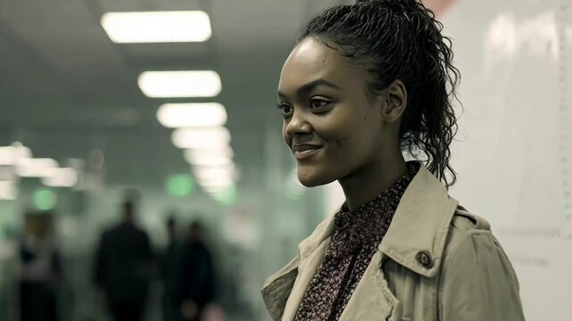 Black Woman Smiles Quietly in Office Huddle Space After Success (AI Video)