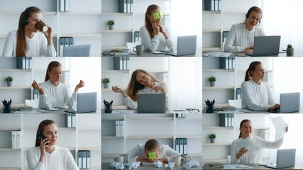 Young woman captured in a home office setting, multitasking with laptops. Lady enjoy coffee, make phone calls, and manage paperwork, reflecting a busy, diverse lifestyle.