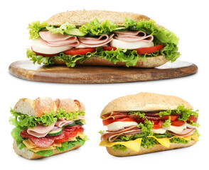 Delicious baguette sandwiches with different fillings isolated on white, collage