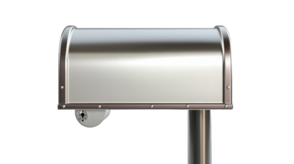 Shiny metal mailbox on post, black background