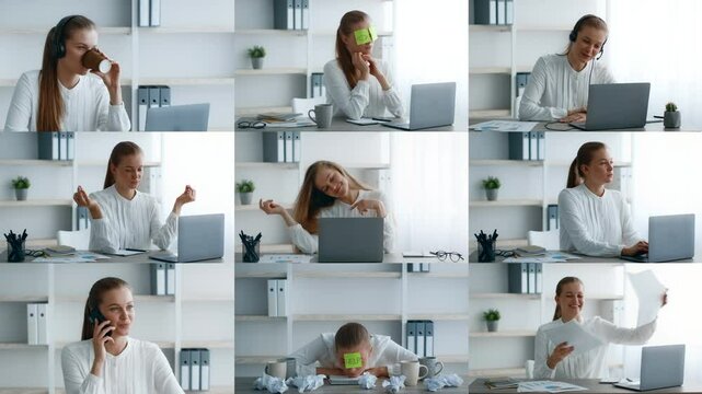 Young woman captured in a home office setting, multitasking with laptops. Lady enjoy coffee, make phone calls, and manage paperwork, reflecting a busy, diverse lifestyle.