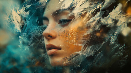 Character's face merges with elements like waves, presenting a dreamy and surreal artistic creative portrait scene