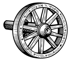 Fototapeta premium A monochrome illustration of a rugged, vintage wooden wheel with spokes and a metallic rim, reminiscent of old carriages or machinery.