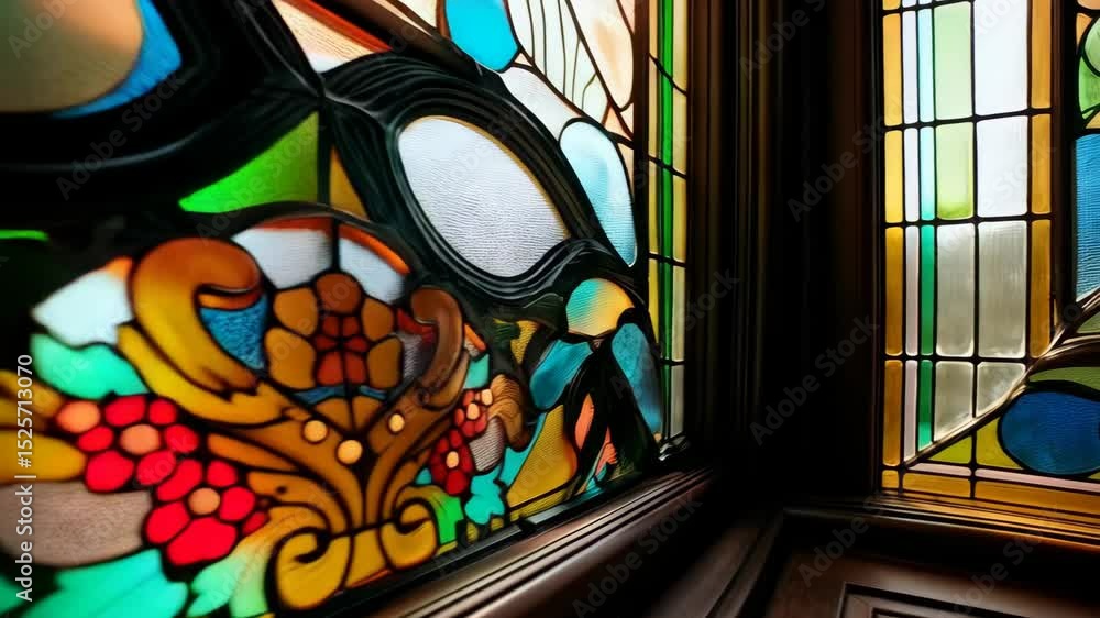 Poster abstract close-up of colorful stained glass window design with geometric shapes, circular patterns, 