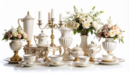 Intricate details in a Baroque-style still life are sharply defined through strategic chiaroscuro, set against a pristine white background, resulting in opulent visual richness.