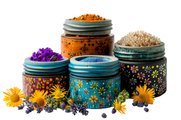 Colorful Jars Filled with Spices and Flowers
