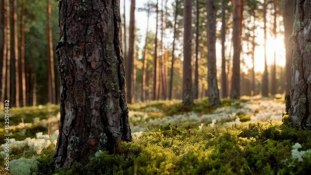 Aufkleber sunlight filters through a tranquil forest featuring tall trees with textured bark and a soft ground