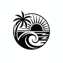 Tropical beach with palm tree wave and sun in black and white