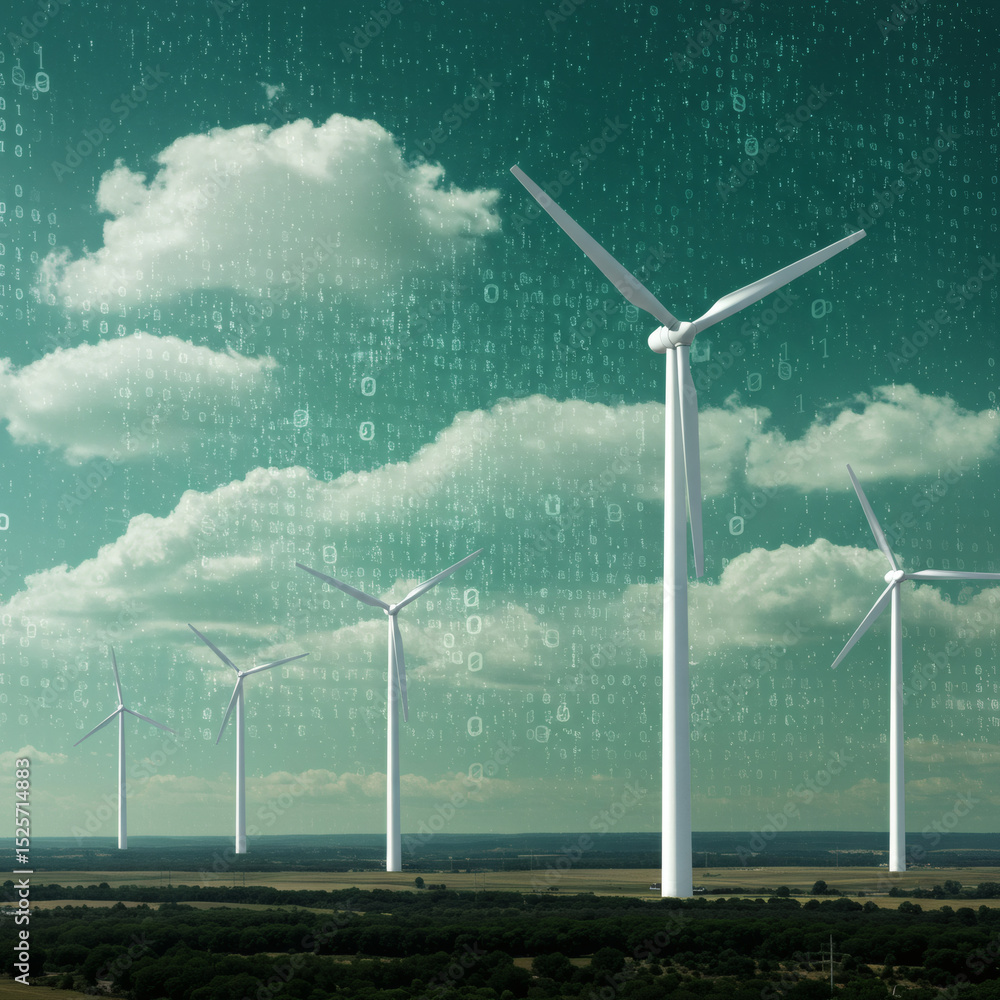 Poster wind turbines generating clean energy with a digital data overlay in the sky. a concept for renewabl