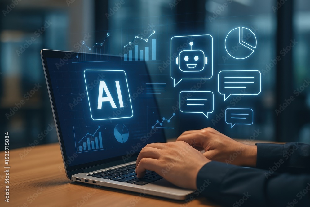 Poster person using a laptop with virtual ai, chatbot, and data analytics icons displayed, representing art