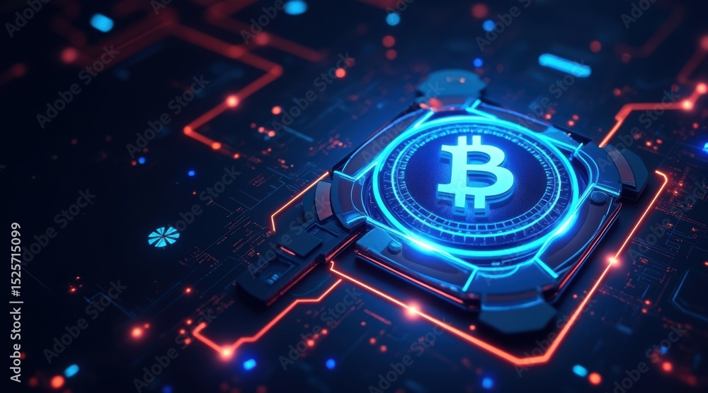 Poster a glowing bitcoin symbol is centered on a futuristic digital circuit board, representing cryptocurre