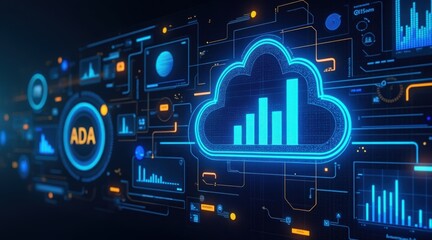 A digital illustration of cloud computing, data analytics, and blockchain technology with futuristic interfaces and graphs.