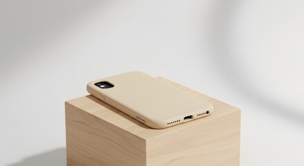 Beige Cell Phone Case Mockup on Wooden Block with White Background