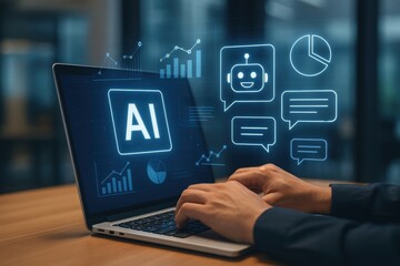 Person using a laptop with virtual AI, chatbot, and data analytics icons displayed, representing artificial intelligence technology and digital communication.
