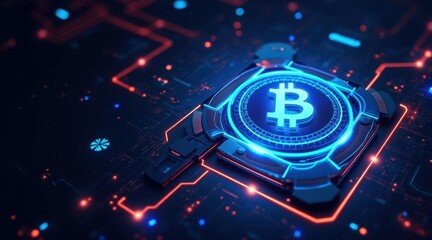 A glowing Bitcoin symbol is centered on a futuristic digital circuit board, representing cryptocurrency and blockchain technology.