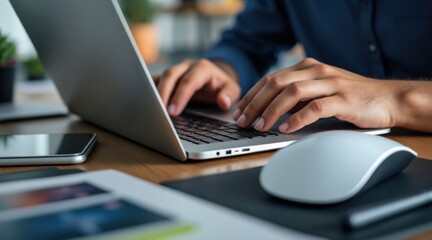 A person typing on a laptop at a modern workspace with a mouse, smartphone, and documents nearby.
