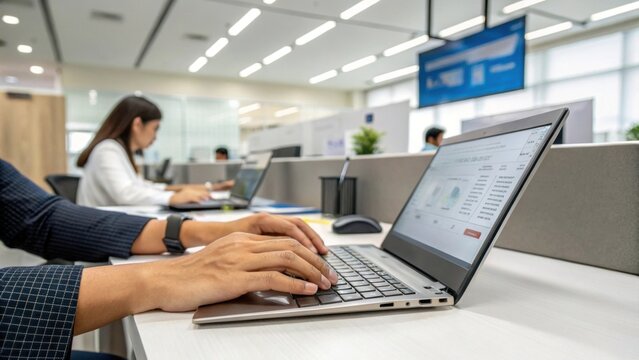 People working on laptops in a modern, open-plan office with bright lighting and collaborative workspaces.