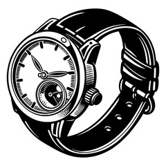 Fototapeta premium A highly detailed black and white illustration of a classic analog wristwatch with a leather strap and intricate dial, conveying elegance and precision.