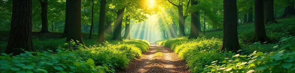 Fototapeta premium Sun-dappled forest path winds through lush green canopy, sunlight filtering through leaves, creating a magical atmosphere Perfect for nature, travel, and adventure themes , dirt, woodland