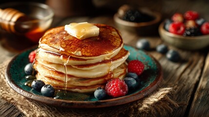 Indulgent Stack of Pancakes with Butter, Maple Syrup, and Fresh Berries