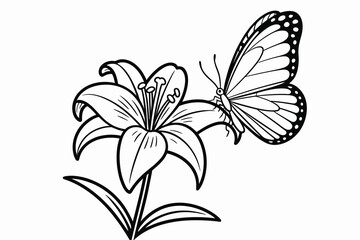 Butterfly on Lily Flower Outline Illustration for Coloring Book or Design Element