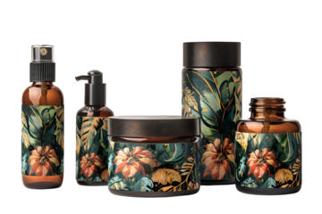 Tropical Botanical Beauty Product Set Dark Amber Bottles