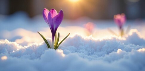 Sunlight illuminates a lone purple crocus pushing through receding snow , blossom, violet