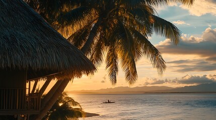 Tropical Sunset Over Ocean with Palm Tree and Thatched Roof