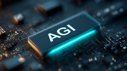 Blue glowing AGI button on futuristic technology interface