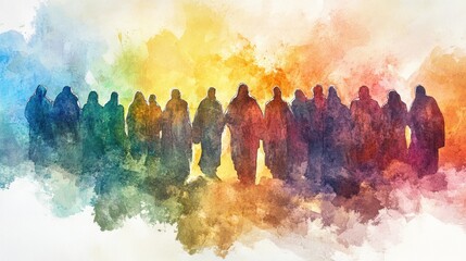 Watercolor depiction of a multitude walking forward in unity and faith
