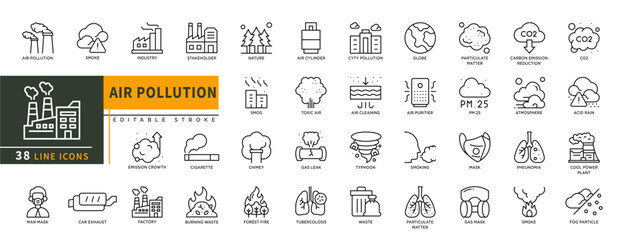 Minimalist Air Pollution line icon set with editable stroke, featuring smoke, industry, chimey, gas leak, typhoon, waste, forest fire, particulate matter, carbon emmision, mask, co2. illustration.